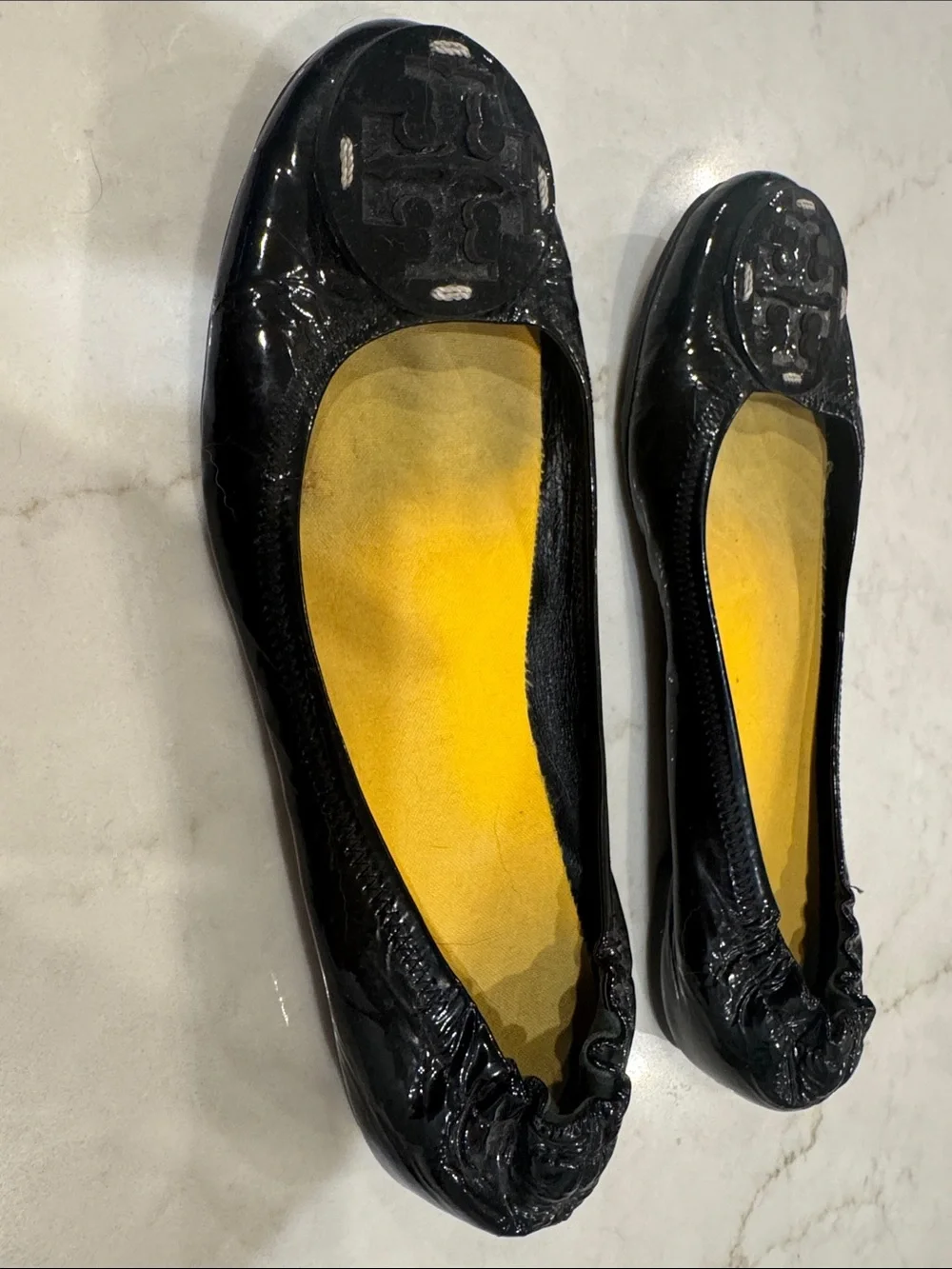 Tory Burch Black Patent Leather Ballet Flats with Yellow Insole